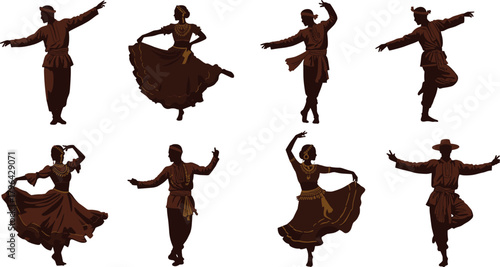 Traditional dancer silhouette vector, cultural performance clipart, black and brown costume icon, folk pose graphic, heritage dance design