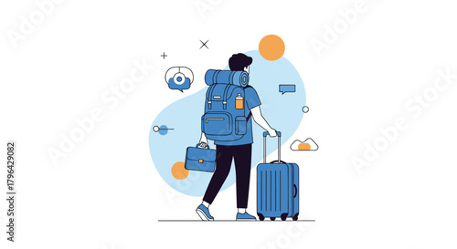 Illustration of a traveler with luggage preparing for a journey on a white background.