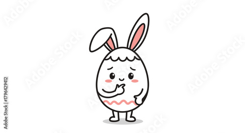 Cute cartoon Easter egg with bunny ears looking thoughtful and touching its chin.