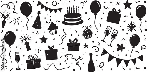 Red and blue party elements seamless pattern, festive doodles