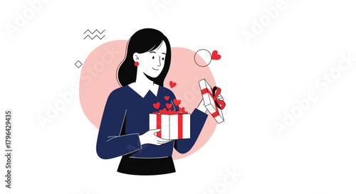 Young woman opens a gift box filled with red hearts and smiles happily.