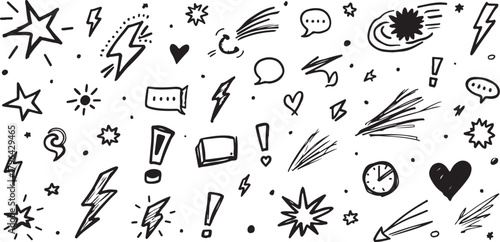 Doodle elements: stars, lightning, hearts, speech bubbles, clock, comet