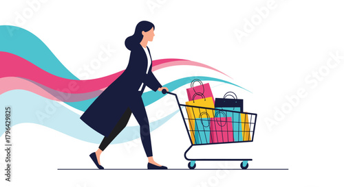 A woman in a long coat pushes a shopping cart filled with colorful bags, with abstract wavy lines in the background.
