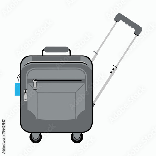 Gray Rolling Suitcase with Extended Handle and Blue Tag.