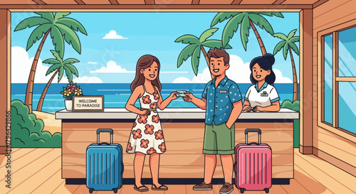 Happy couple checking into a tropical beach resort hotel for their vacation.