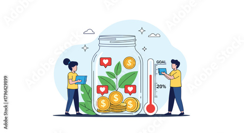 People manage a savings jar with coins and a thermometer tracking progress towards a goal.
