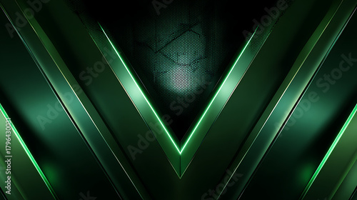 Metallic V shape with emerald glow and hexagonal mesh abstract angular