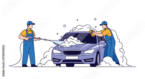 Two workers washing a purple car with soap and a pressure washer.