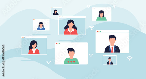 Illustration of a diverse group of people on a video conference call against a light blue background with wavy shapes.