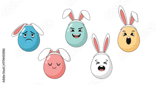 Cute cartoon Easter eggs with bunny ears express a variety of emotions.