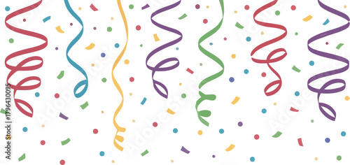 Vibrant and joyful party celebration background featuring a cascade of colorful falling confetti and elegant curly decorative streamers for festive events