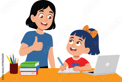 Cartoon teacher helping young girl with homework at desk, tutoring illustration for education, learning support, school study skills, classroom guidance