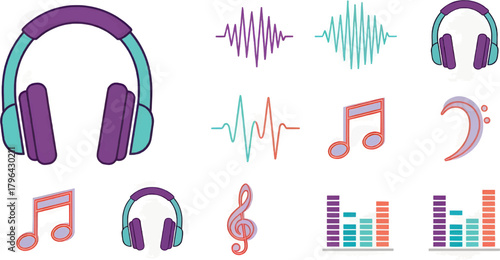 A collection of modern icons related to music and audio, including stylish headphones, abstract sound wave lines, musical notes, and graphic sound bars.