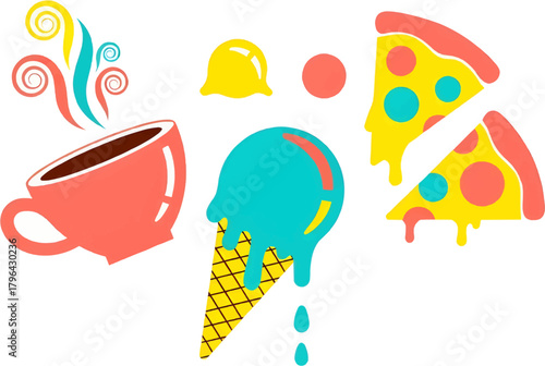 A cheerful vector illustration featuring popular snack foods: a steaming cup, dripping ice cream cone, and slices of pizza. Bright and colorful design for menus or food-related projects.