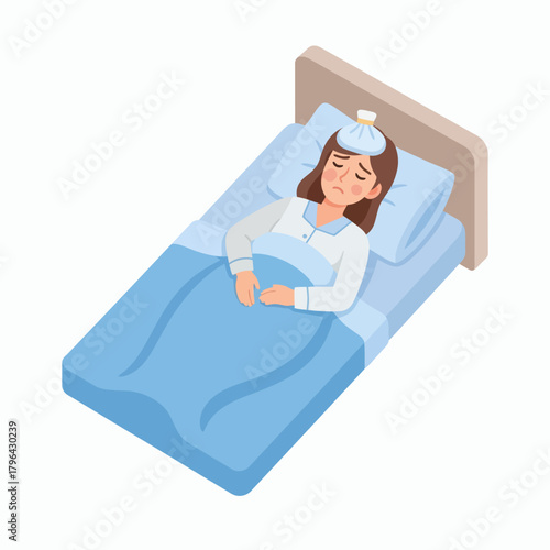 Isometric Illustration of Sick Woman Resting in Bed.
