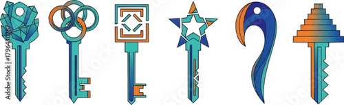 A collection of highly stylized, unique, and decorative keys, featuring abstract and fantasy-like designs. Concepts of treasure, mystery, and unlocking.