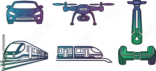 A collection of modern transportation icons in gradient colors, featuring a car, a drone, a futuristic train, a subway car, and a personal transporter (hoverboard). Vector illustration.