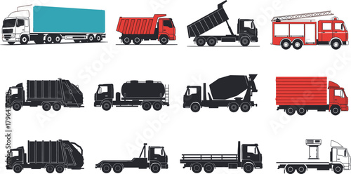 Truck vector set, commercial vehicle illustration, dump fire garbage mixer, flatbed utility transport, side view icons, industrial fleet pack