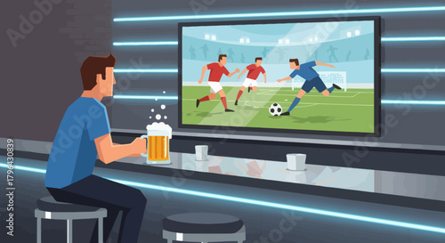 Man Watching Soccer Game on Big Screen TV in Modern Bar.