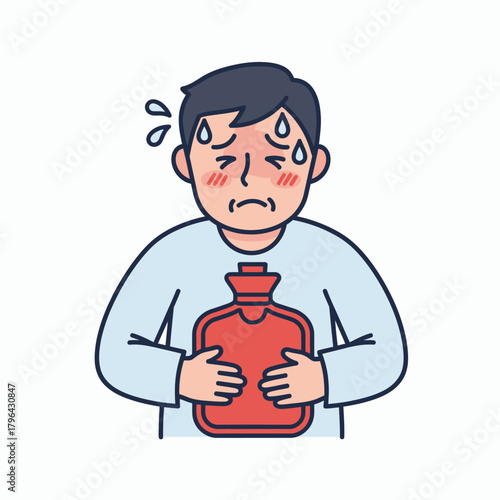 Man with Stomach Ache Using Hot Water Bottle.