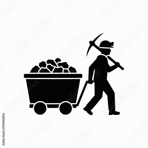 Miner with Pickaxe and Full Mine Cart Icon.