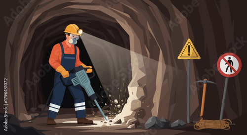 Miner working with jackhammer in a dark underground mine tunnel.