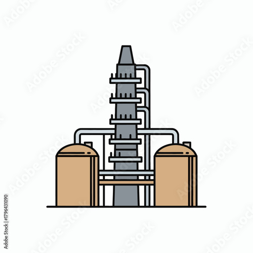 Oil refinery plant with storage tanks and distillation column.