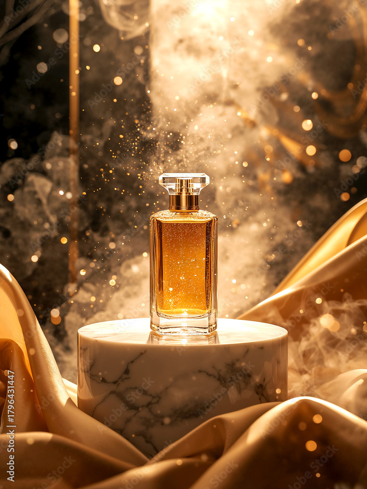 Fototapeta premium Luxury perfume bottle on marble podium with gold silk fabric. Elegant advertising concept with golden sparkles and smoke on dark background.