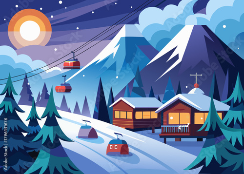 Ski resort winter night landscape