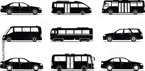 Vehicle silhouettes, transportation icons, car, bus, tram, minivan, station wagon, black vector, mobility types, travel concept, transport diversity