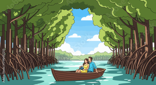 Romantic Couple Boating Through Lush Mangrove Forest.