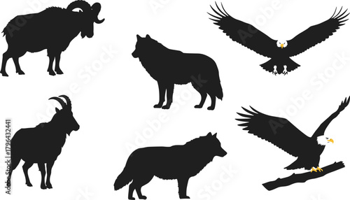 Wild animal silhouette vector, eagle wolf ibex clipart, black wildlife icon, nature graphic design, predator and prey illustration