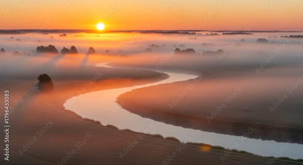 Fototapeta premium Serene Sunrise Over Misty River Landscape.