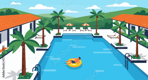 Summer Vacation at a Tropical Resort with Swimming Pool and Palm Trees.
