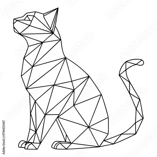 Minimalist geometric line-art illustration of a sitting cat created entirely from sharp polygonal shapes and clean black outlines. The cat's head is formed from angular triangles, giving it a modern.