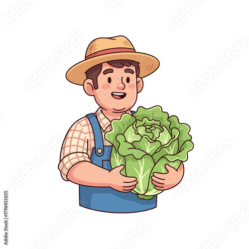 A cute farming character scene featuring a happy gardener holding a fresh head of cabbage from his organic vegetable harvest