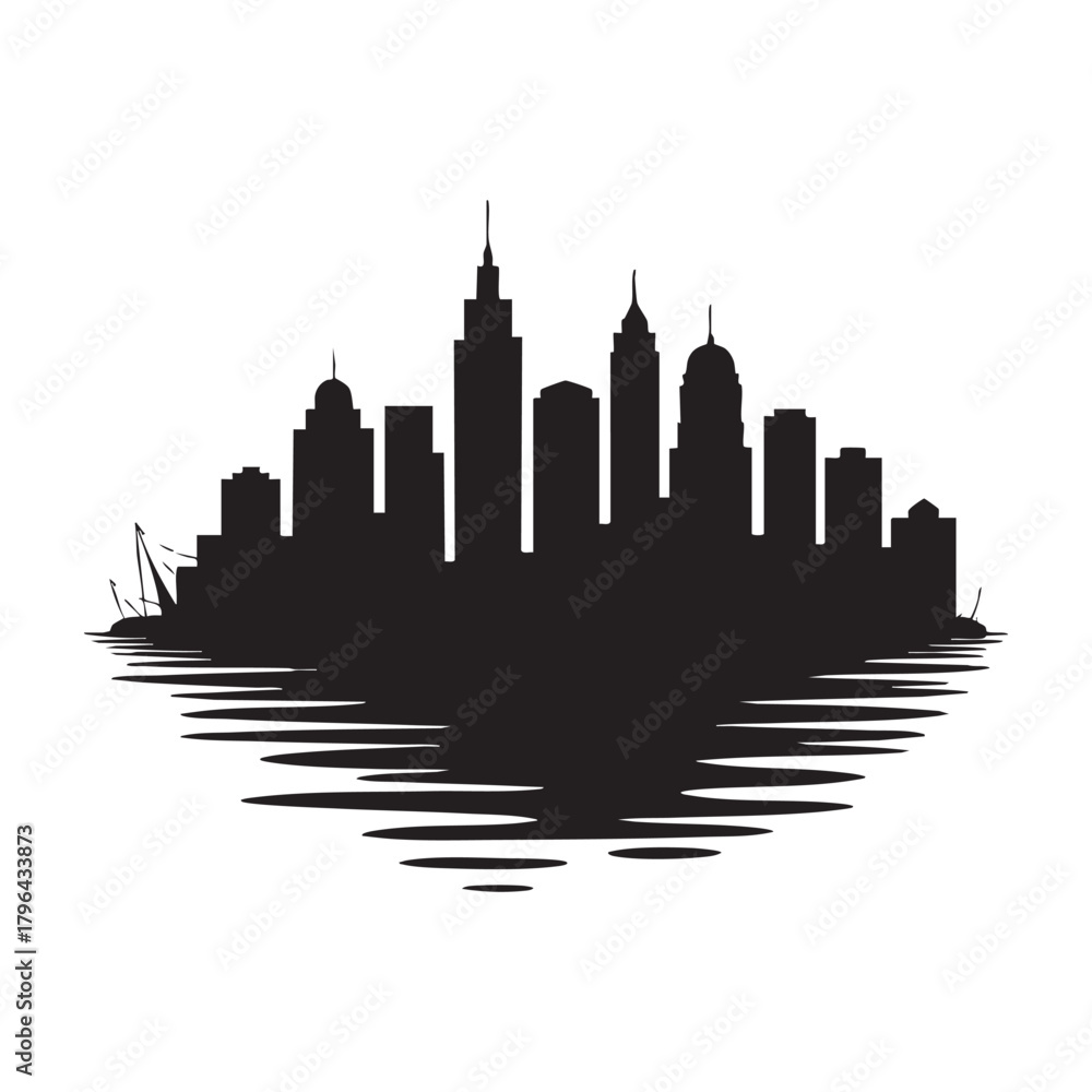 Naklejka premium Black silhouette of a city skyline with a ship and water reflections black and white urban