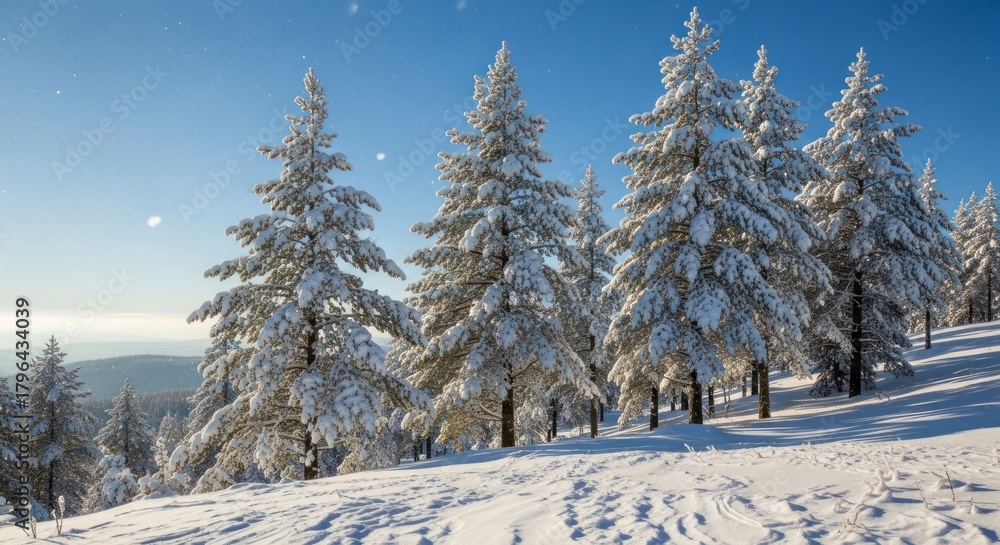 Obraz premium Snow Covered Pine Trees on a Sunny Winter Day.