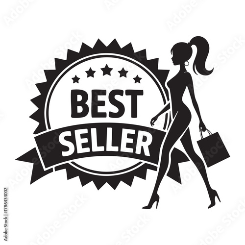 Black silhouette of woman with shopping bag and best seller badge award ribbon