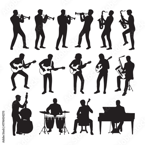 Black silhouettes of musicians playing various instruments on white background band jazz