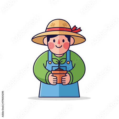 Cute Farmer Character Holding a Sprout in a Pot, Vibrant Garden Scene Illustration