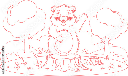 Outlined Cartoon Beaver Waving on Tree Stump in Nature with Flowers