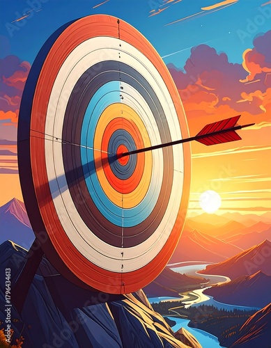 A vibrant illustration features an arrow hitting the bullseye on a large target against a dramatic sunset and mountain landscape