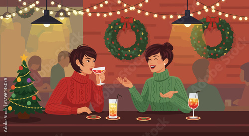 Two friends enjoying drinks and conversation at a festive bar during Christmas.