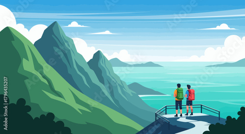 Two people admiring the breathtaking view of a vast ocean and majestic mountains from a scenic overlook.