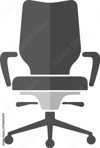 Office chair vector icon with dark gray upholstery and light gray base on wheels for workspace setting