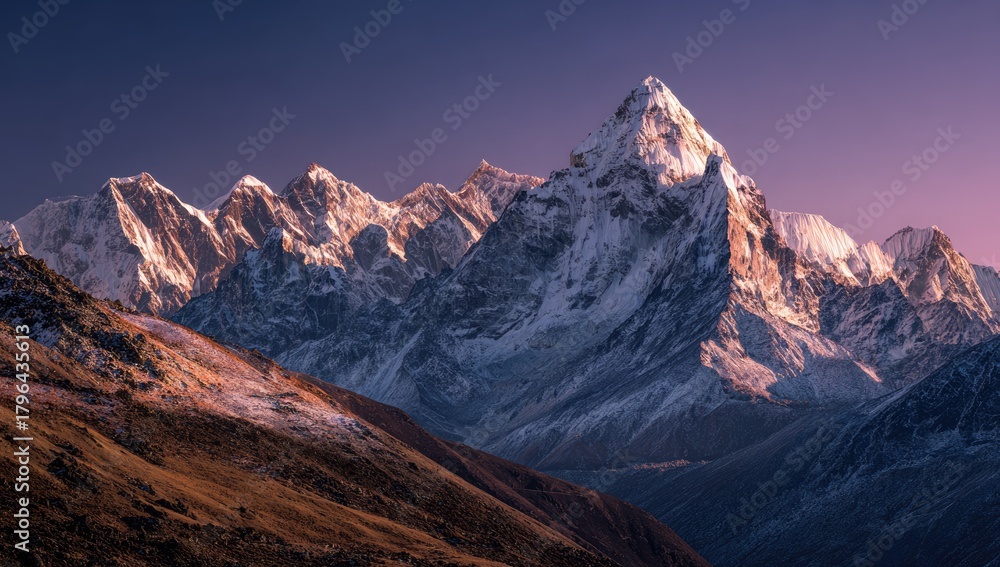 Fototapeta premium Snowy mountain peaks at dawn