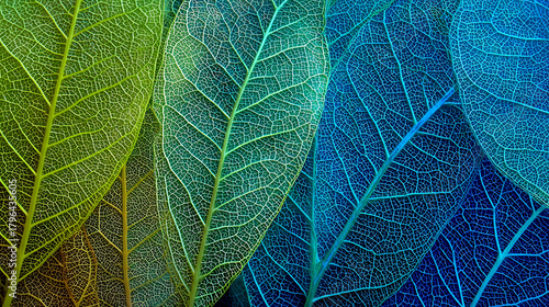 Overlapping translucent skeletal leaves in vibrant green and blue hues macro veins