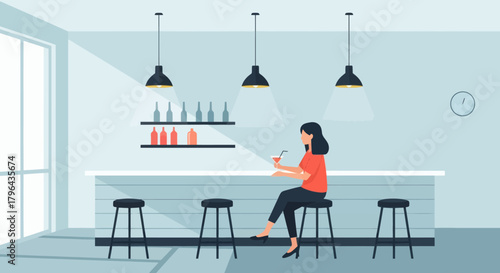 Woman enjoying a drink alone at a modern bar counter.