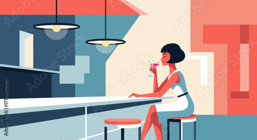 Woman enjoying a drink at a modern bar minimalist illustration.